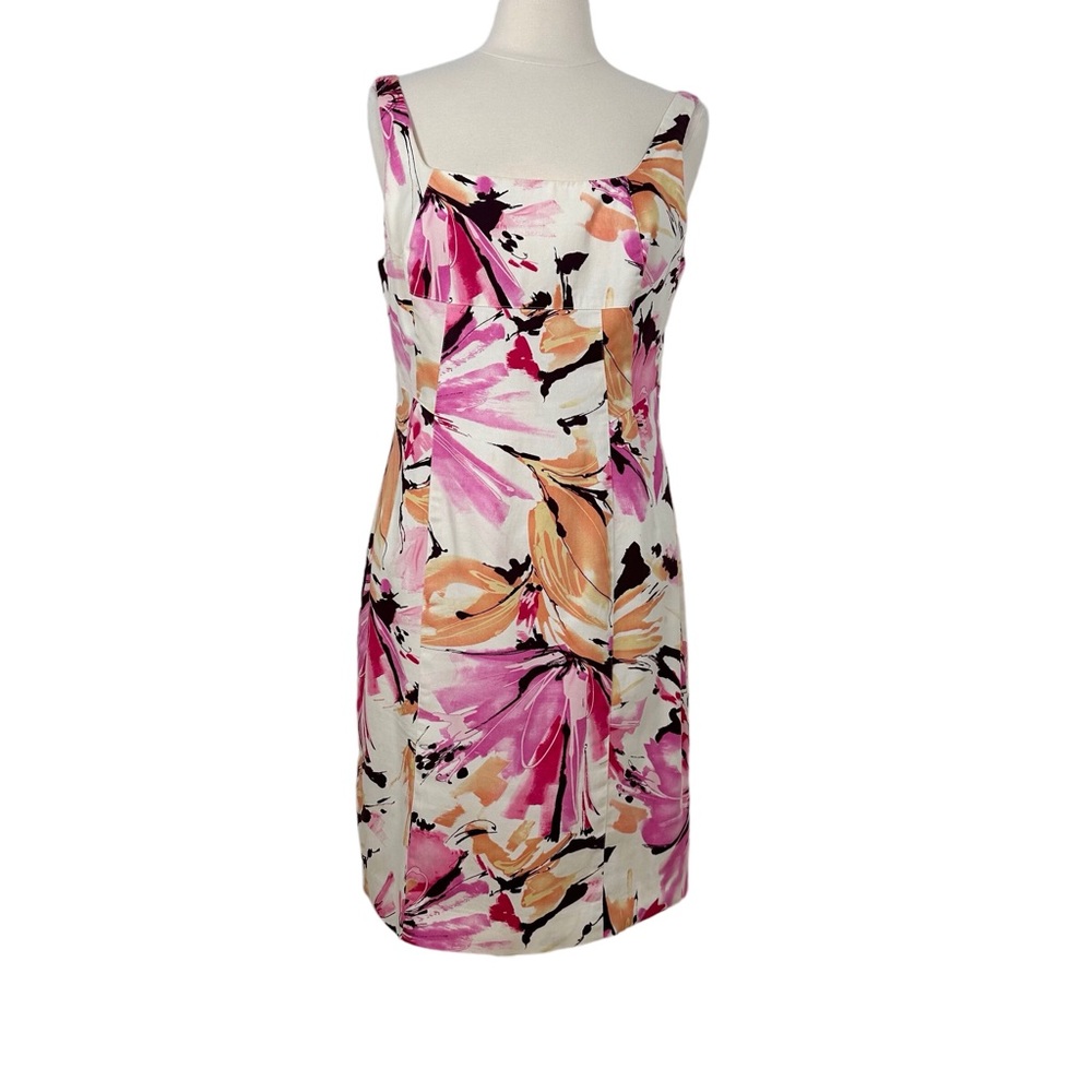 Musette Pink/Peach/Ivory Abstract Floral Square Neck Sleeveless Sheath Sz 14